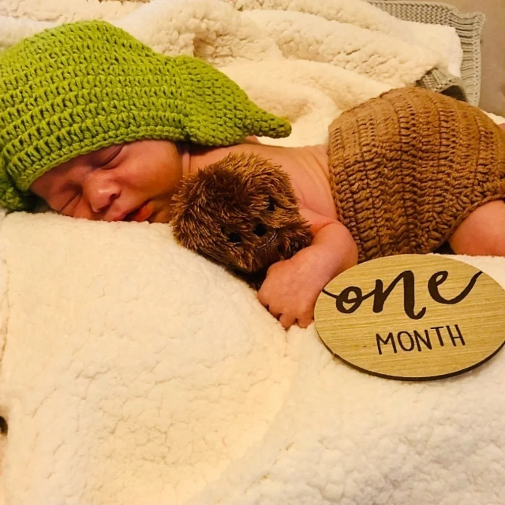 NWOT CUSTOM MADE Green Knit Baby Yoda Hat & Diaper Cover Infant Photos Costume